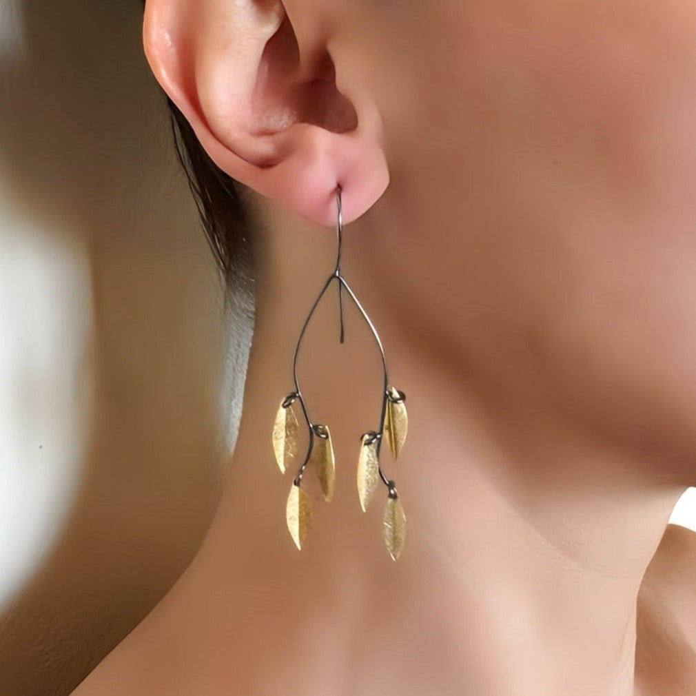 Boho Leaves 22k Gold &Oxidized Silver 925 Dangling Earrings