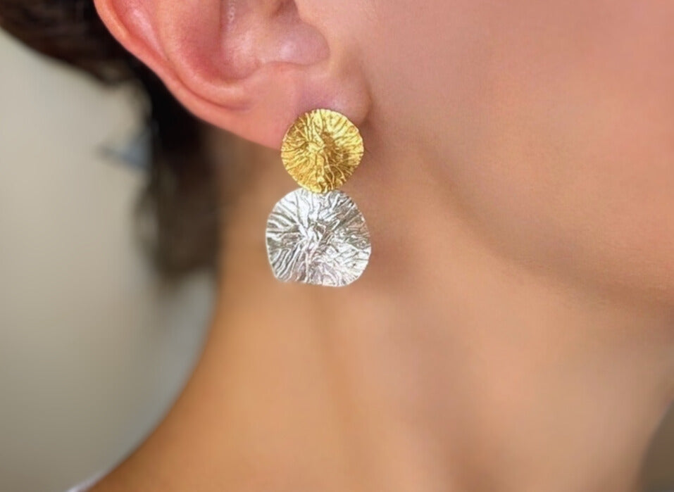 Duo Circle Textured 22k Gold and Silver Dangle Earrings