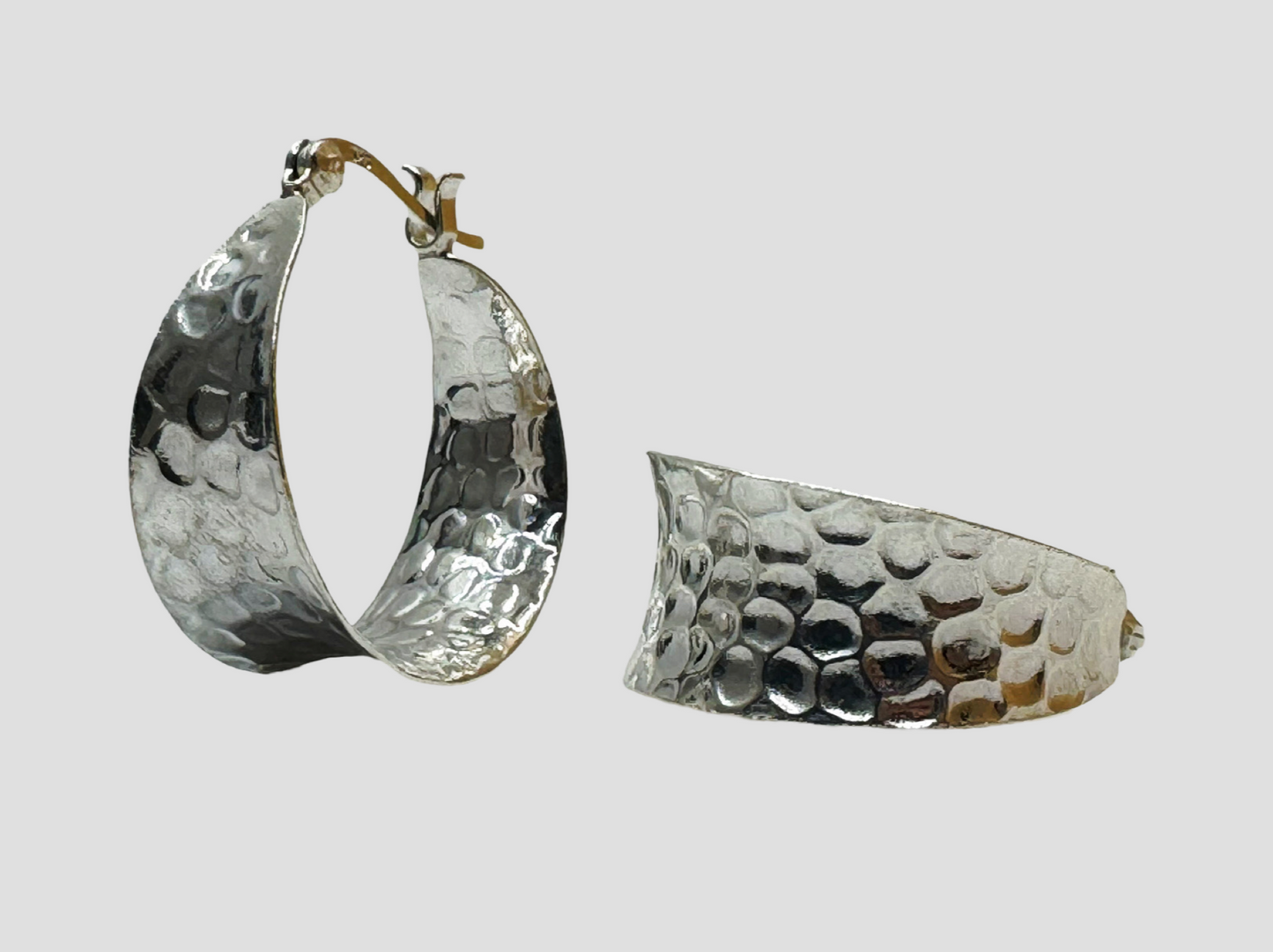 Concave Hammered Pattern Sterling Silver 925 Hoop Earrings.