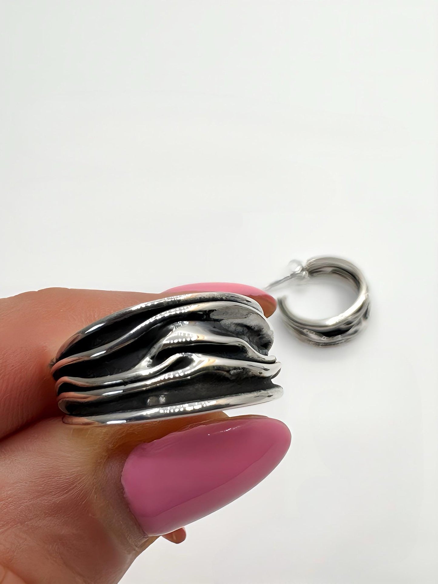 Handcrafted Oxidized Sterling Silver Hoop Earrings – Wavy Design