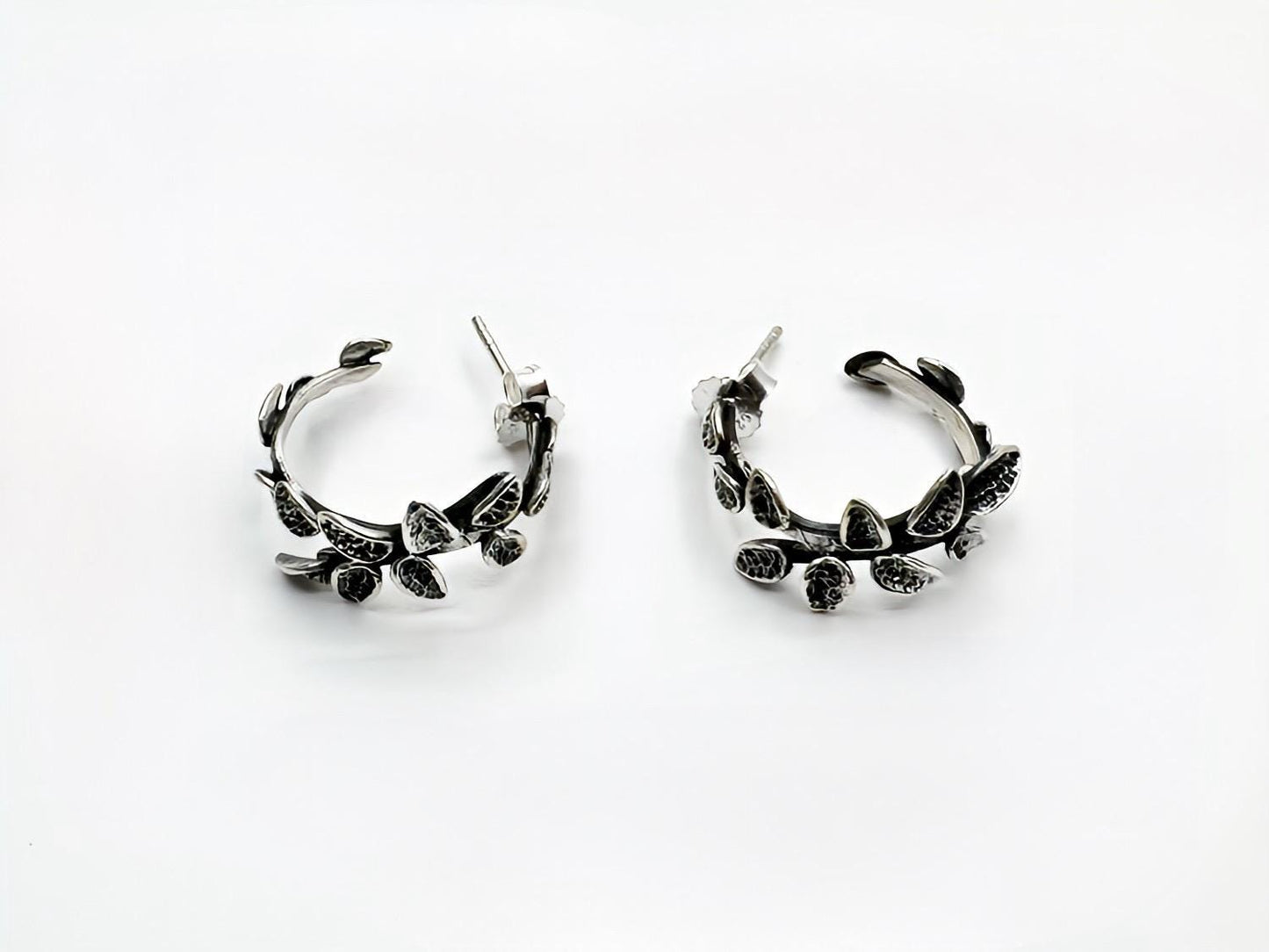 Handmade Oxidized Sterling Silver Leaf Hoop Earrings, Boho Jewelry