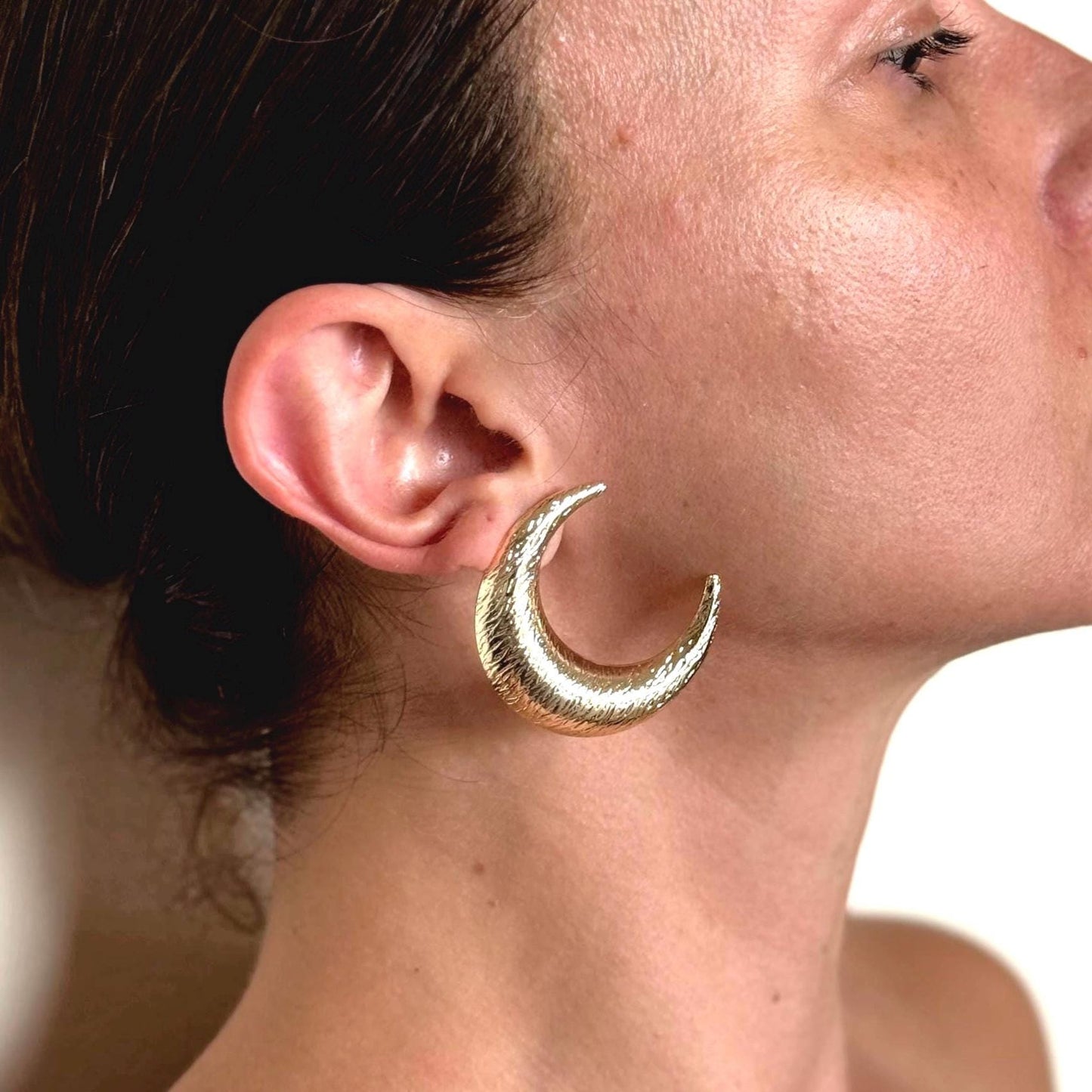 Golden Crescent Hoop Earrings, Stainless Steel Statement Dangles