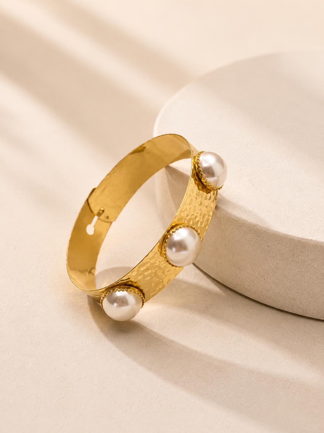 Hammered Gold Pearl Cuff Bracelet