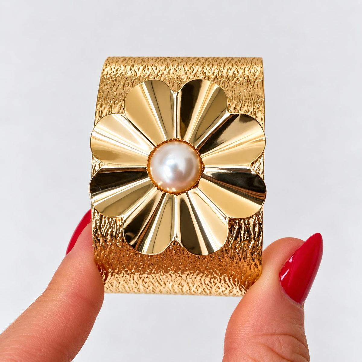 Gold Flower Pearl-Centre Cuff Bracelet