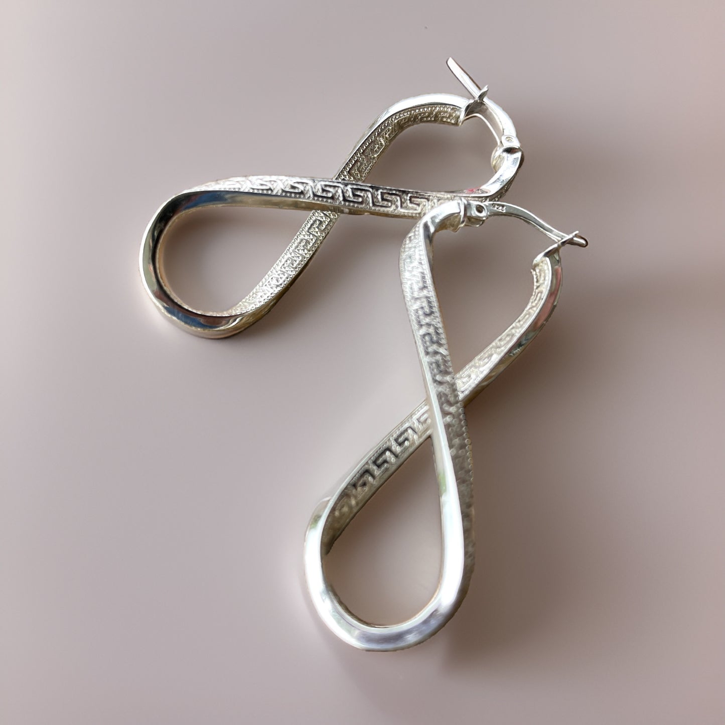 Greek Key Pattern Infinity Symbol Dangle Earrings.