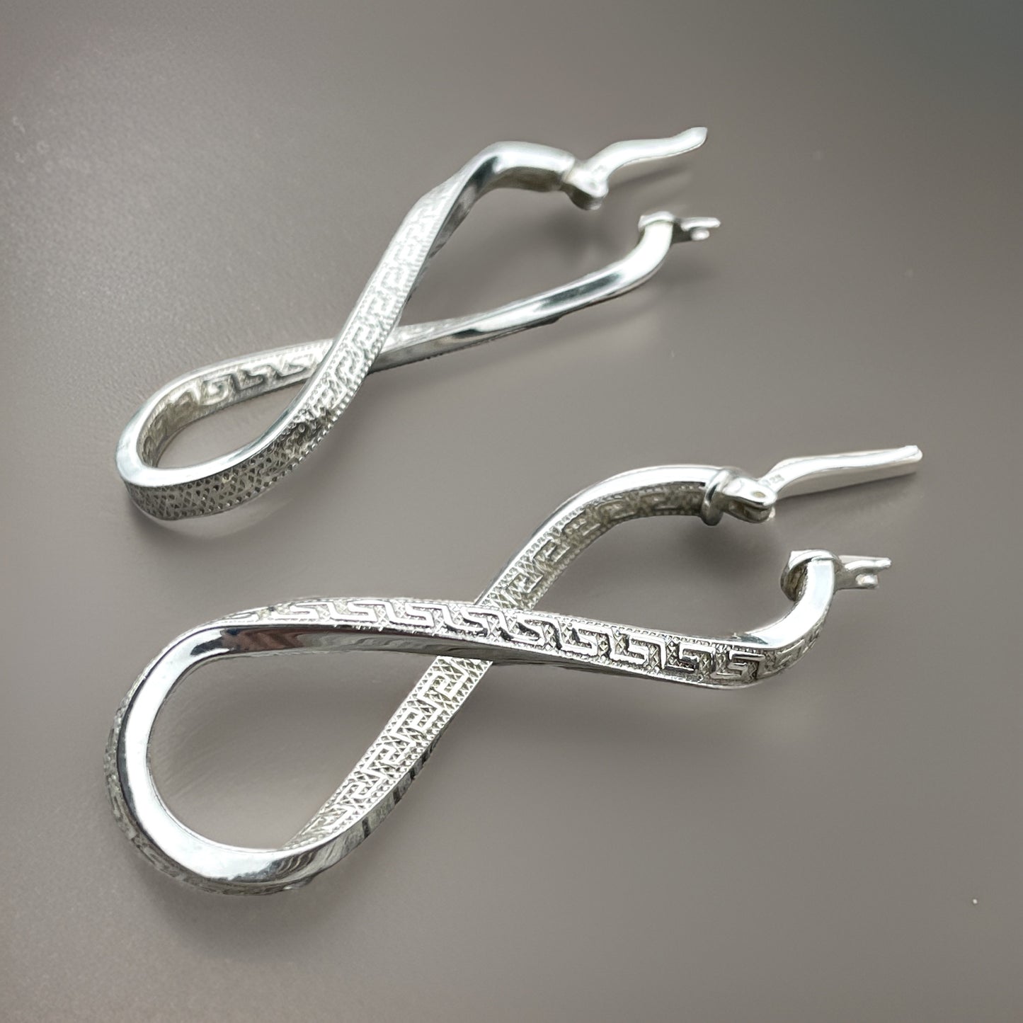 Greek Key Pattern Infinity Symbol Dangle Earrings.