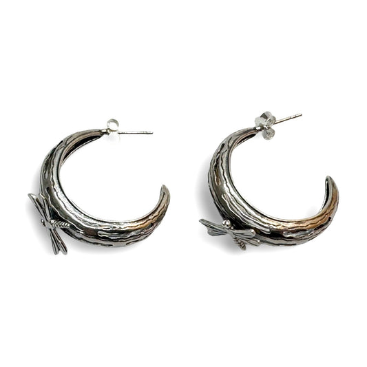 Sterling Silver Crescent Moon Dragonfly Hoop Earrings