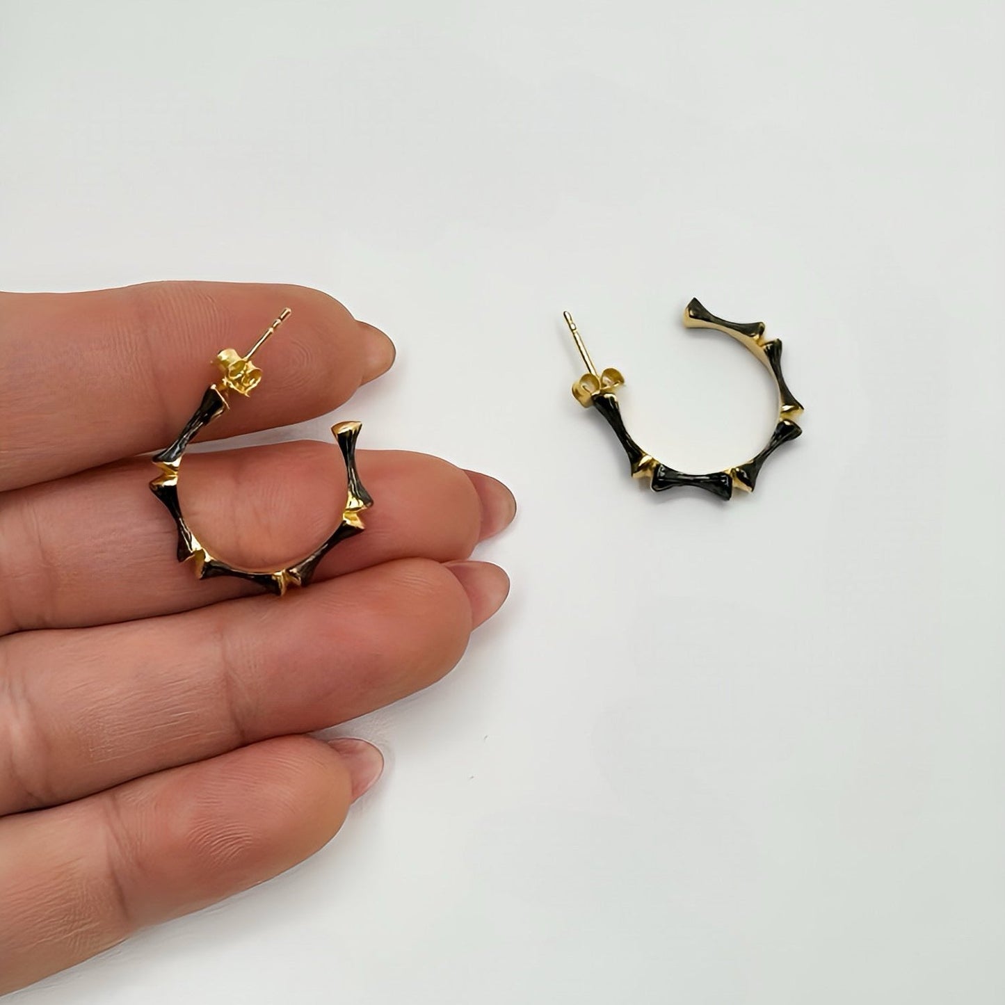 Starlit 22k Gold Black Sterling Silver 925 Hoop Handcrafted Earrings