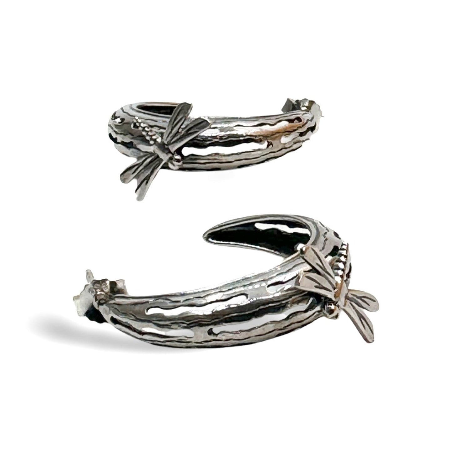 Sterling Silver Crescent Moon Dragonfly Hoop Earrings