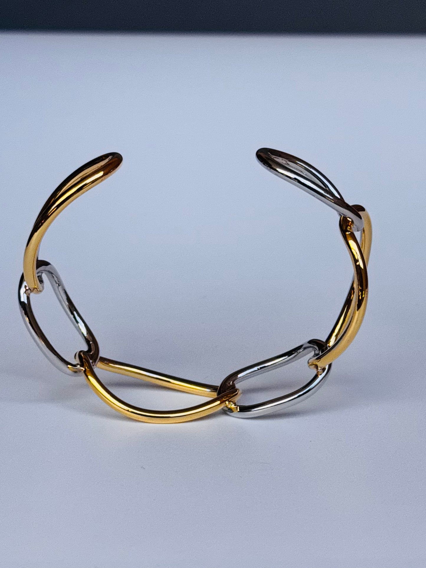 Two Tone Stainless Steel Link Bracelet, Gold & Silver Chunky Chain Bracelet, Open Cuff Paperclip Style