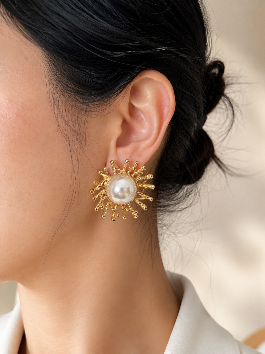Gold Sunburst Pearl Statement Earrings Lightweightqq Waterproof Stainless Steel Earrings