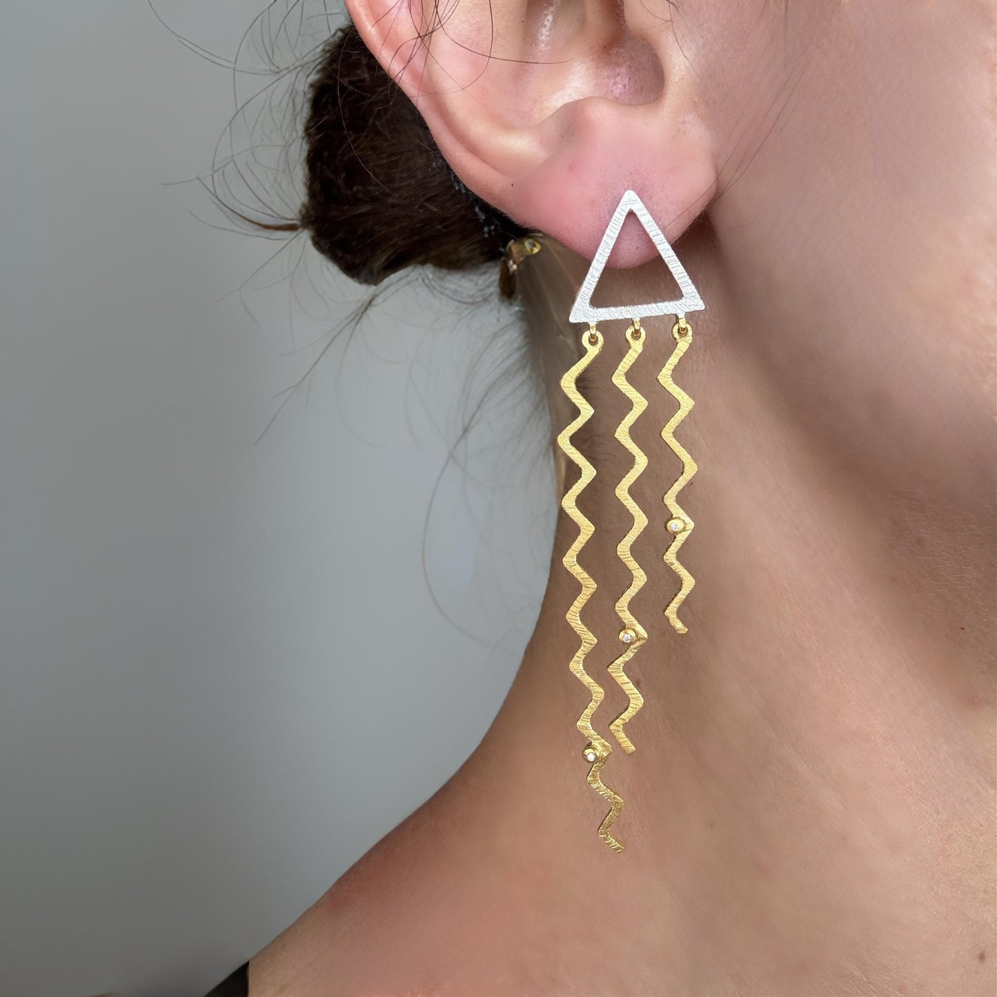 Bold Geometric Triangle Dangle Earrings for Women. 22K Gold Plated, Sterling Silver Statement Earrings. Modern Contemporary Jewelry Design