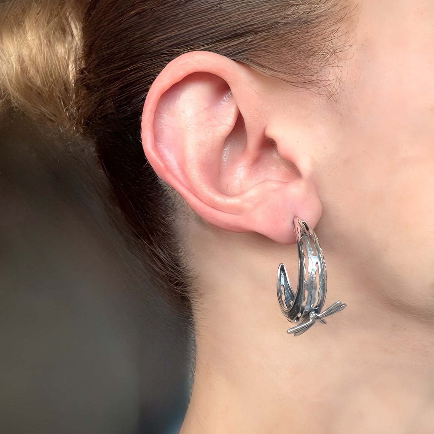 Sterling Silver Crescent Moon Dragonfly Hoop Earrings