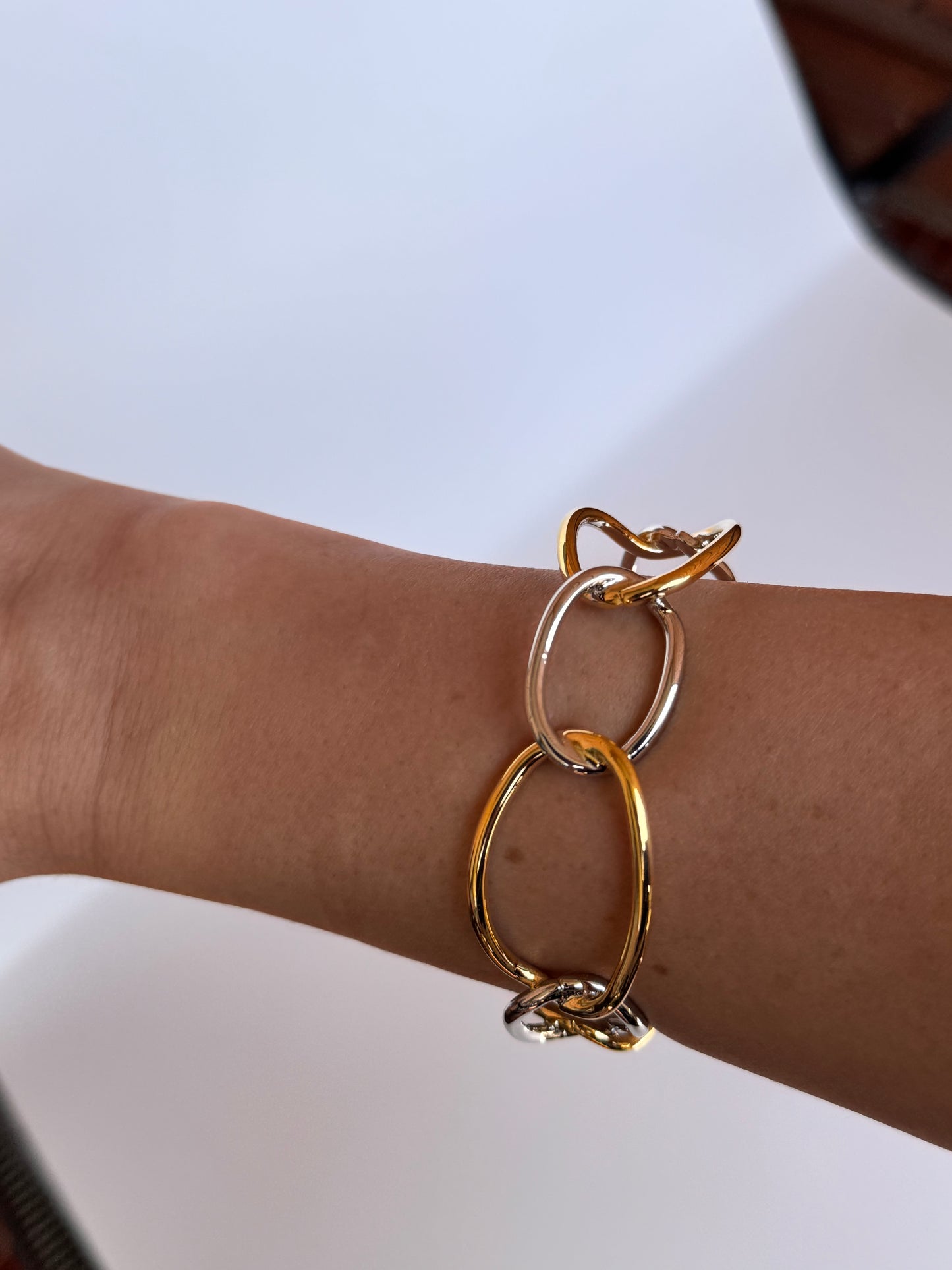 Two Tone Stainless Steel Link Bracelet, Gold & Silver Chunky Chain Bracelet, Open Cuff Paperclip Style