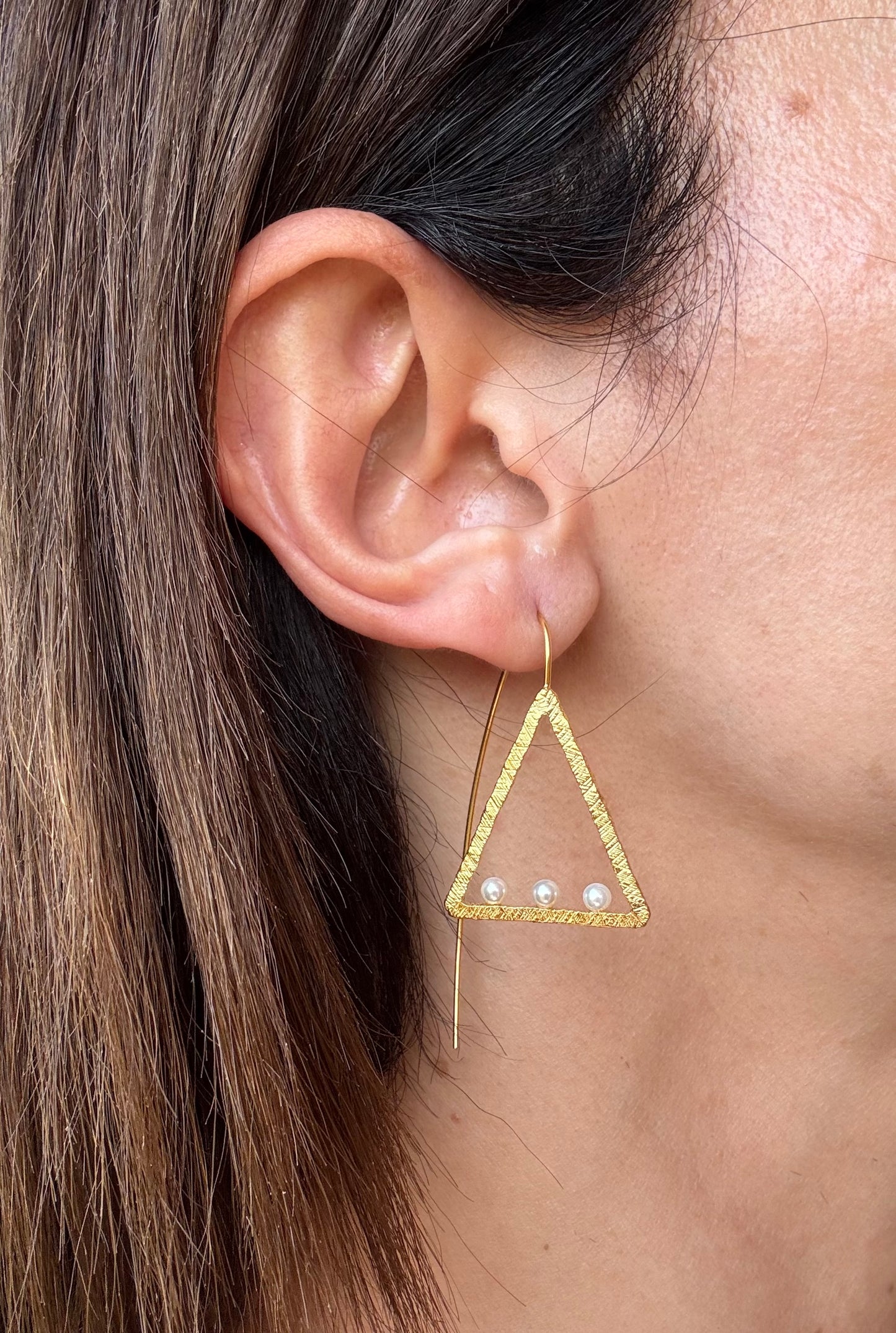 22k Gold Plated Sterling Silver Triangle Pearl Earrings - Lightweight Handmade Statement Jewelry, Unique Gift for Women, Bridal Earrings