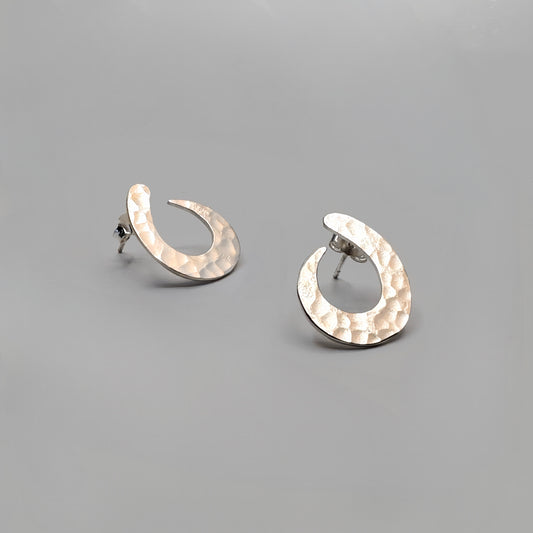 Crescent Sterling Silver Hammered Hoop Earrings - Handmade Minimalist Jewelry - Textured Everyday Silver Earrings for Women