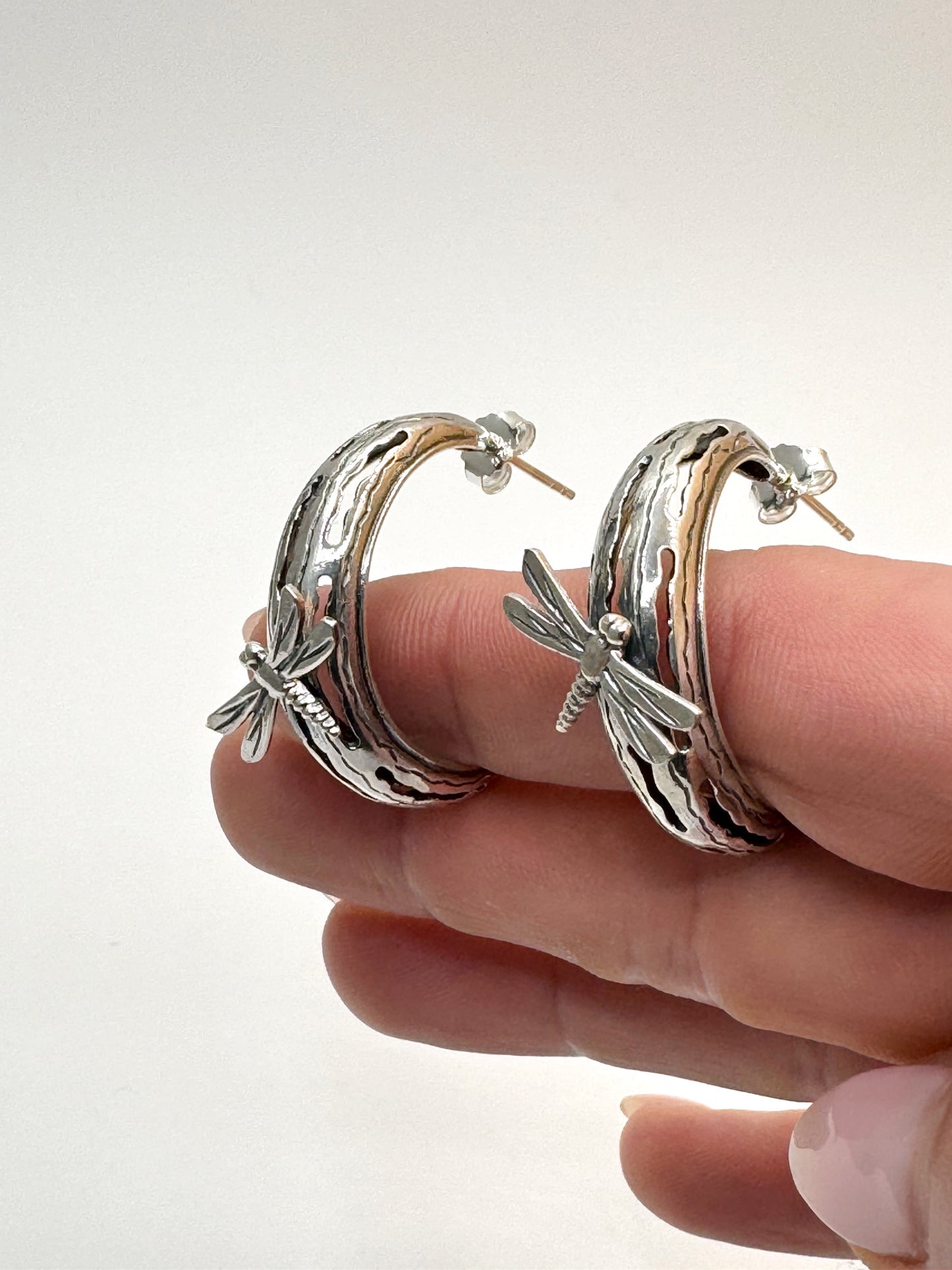 Sterling Silver Crescent Moon Dragonfly Hoop Earrings