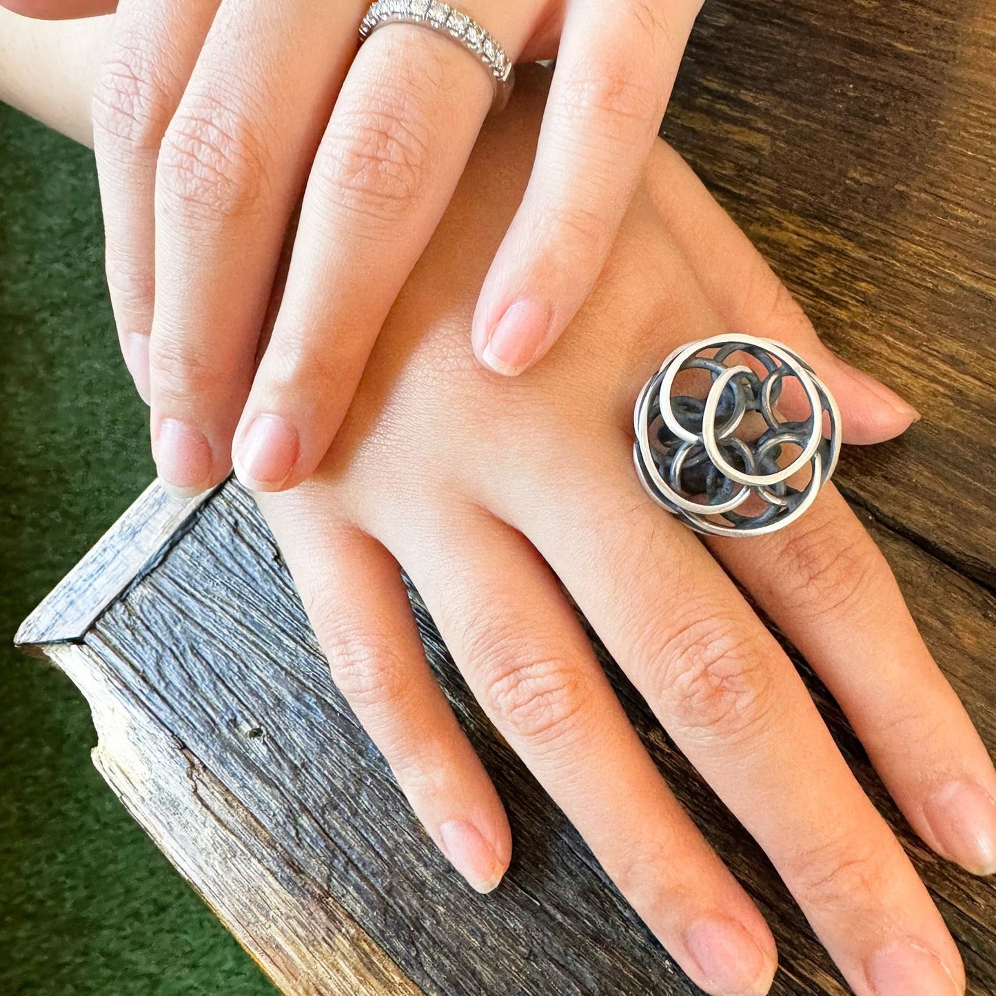 Lunar Loop Handcrafted Oxidized Sterling Silver 925 Adjustable Ring