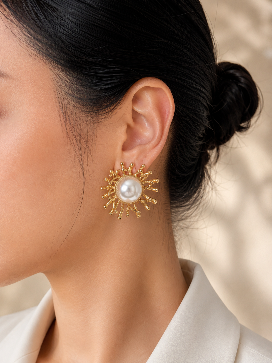 Gold Sunburst Pearl Statement Earrings Lightweightqq Waterproof Stainless Steel Earrings