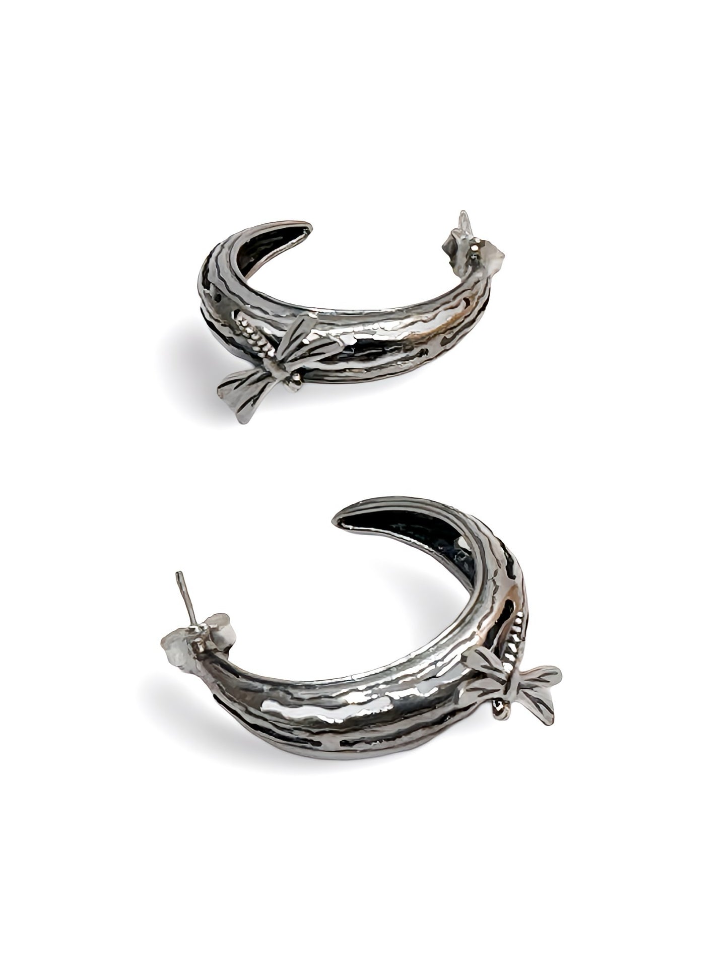 Sterling Silver Crescent Moon Dragonfly Hoop Earrings