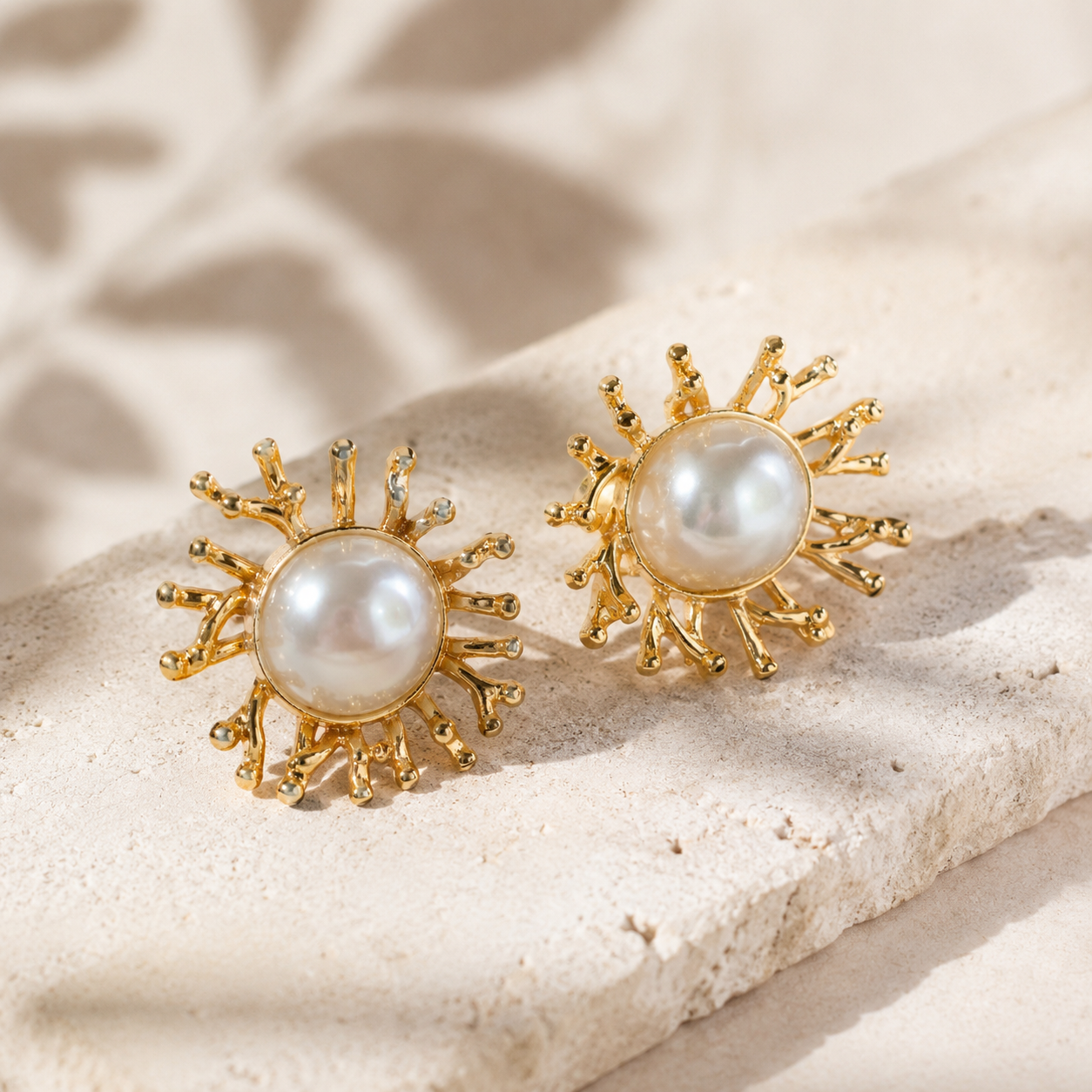 Gold Sunburst Pearl Statement Earrings Lightweightqq Waterproof Stainless Steel Earrings