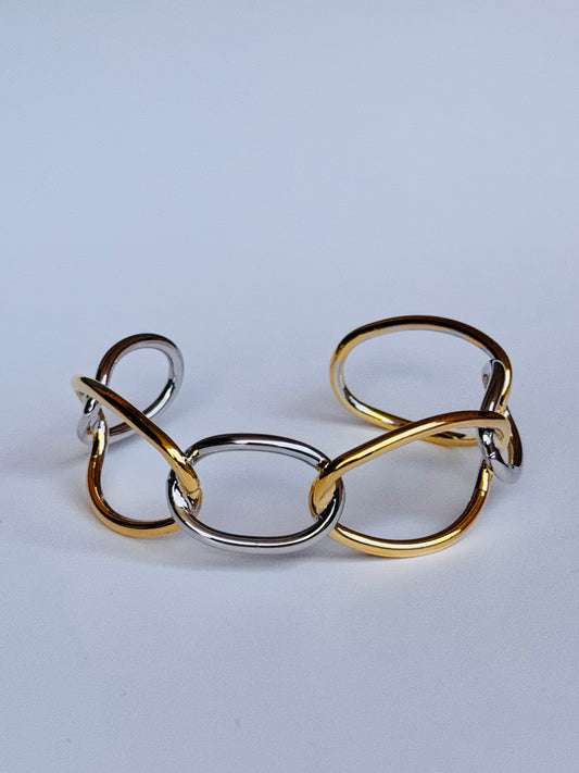 Two Tone Stainless Steel Link Bracelet, Gold & Silver Chunky Chain Bracelet, Open Cuff Paperclip Style