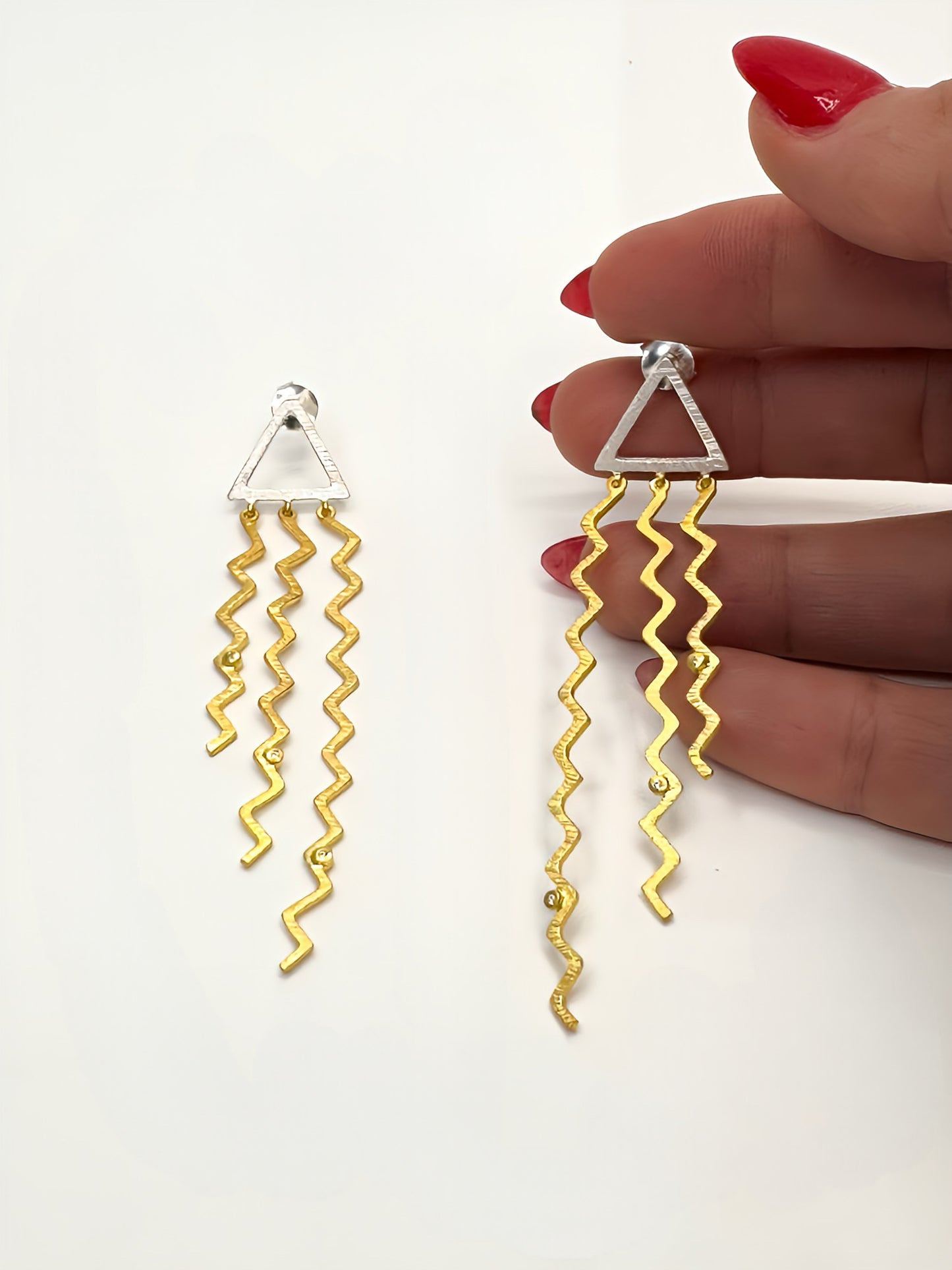 Bold Geometric Triangle Dangle Earrings for Women. 22K Gold Plated, Sterling Silver Statement Earrings. Modern Contemporary Jewelry Design