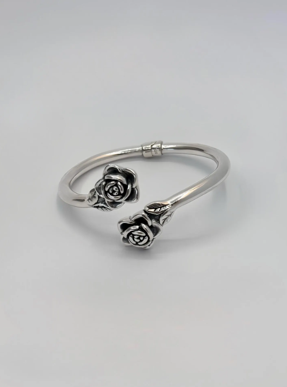 Rose Polished Handcrafted Sterling Silver Bangle Adjustable Silver Bracelet