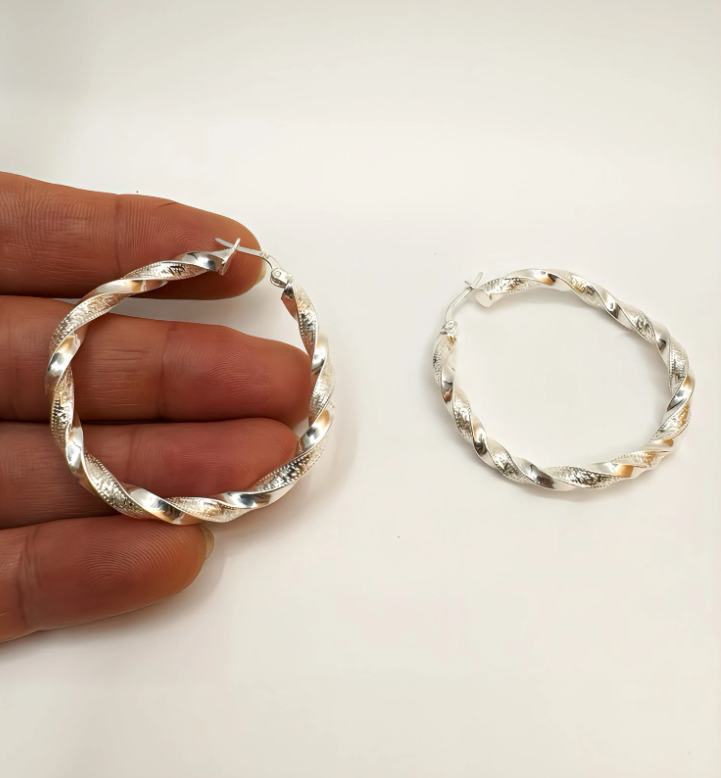 Sterling Silver Twist 45mm Hoop Earrings. Handmade Two Band Hoop Earrings. Big Twist Hoop Earrings Silver.