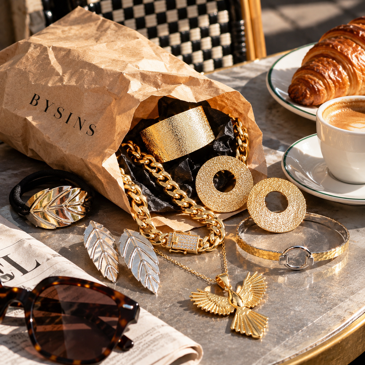 BySins jewellery in a sunlit cafe editorial setting