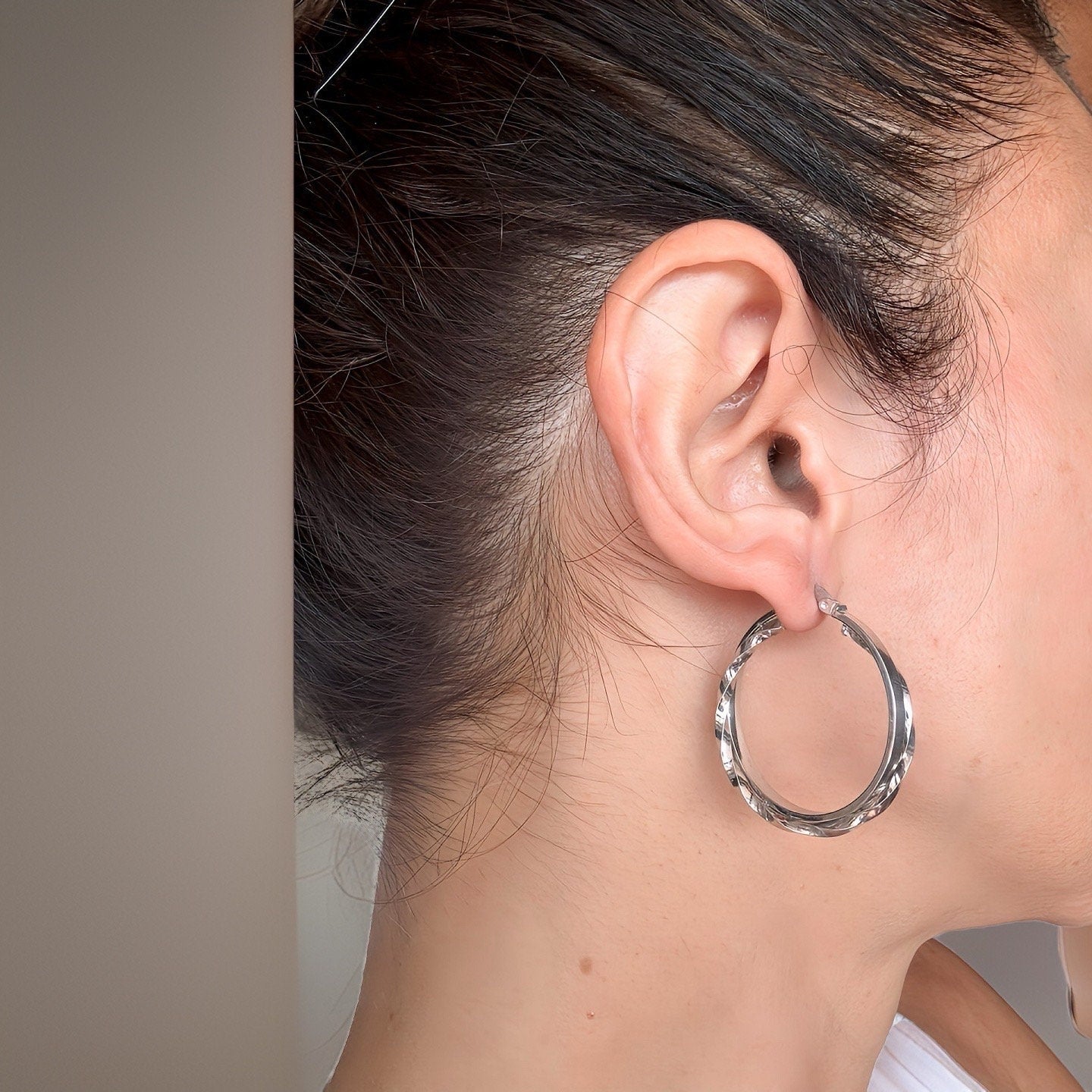 Twisted Sterling Silver Hoop Earrings, Modern Chic 35mm