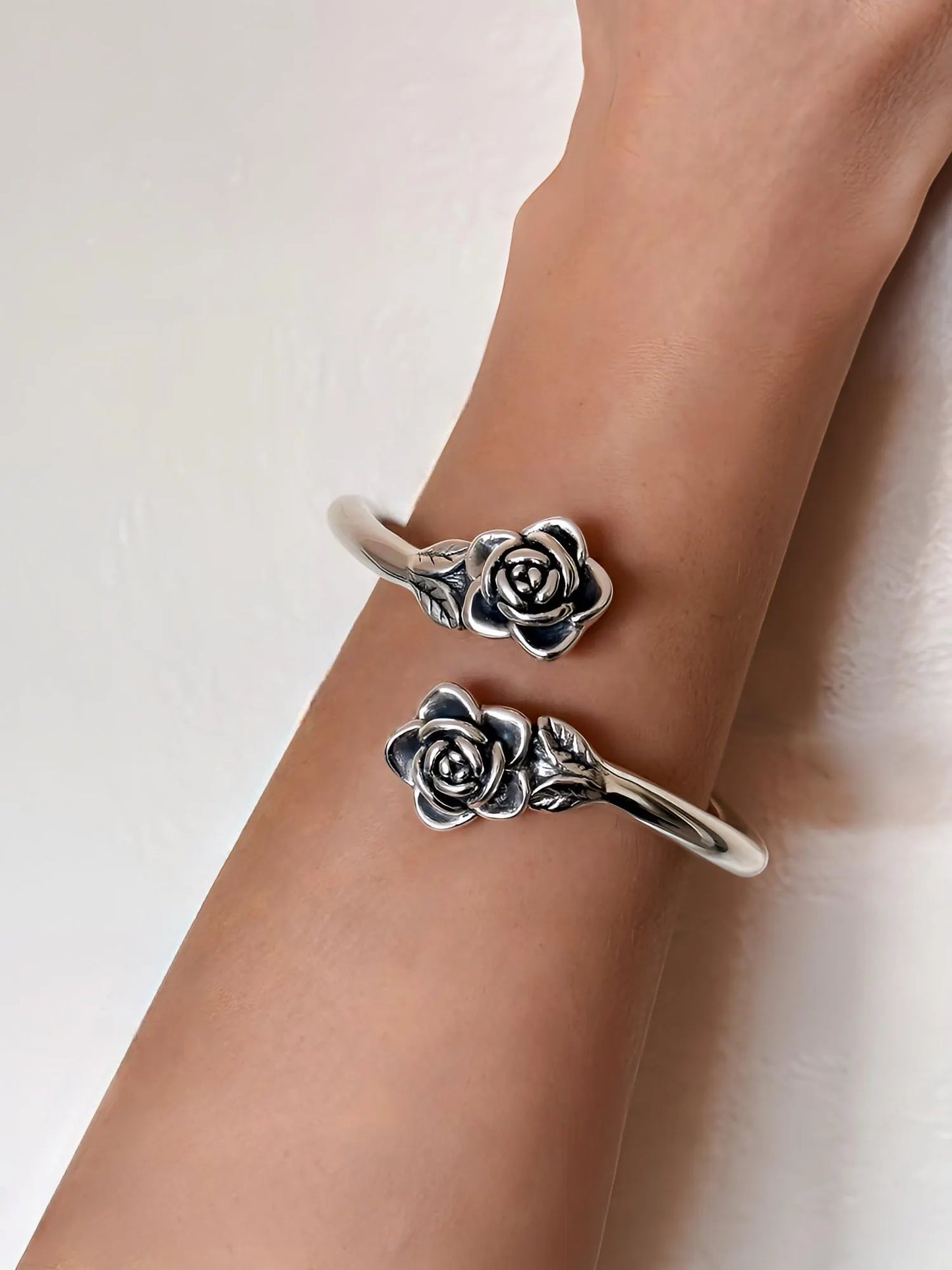 Rose Polished Handcrafted Sterling Silver Bangle Adjustable Silver Bracelet