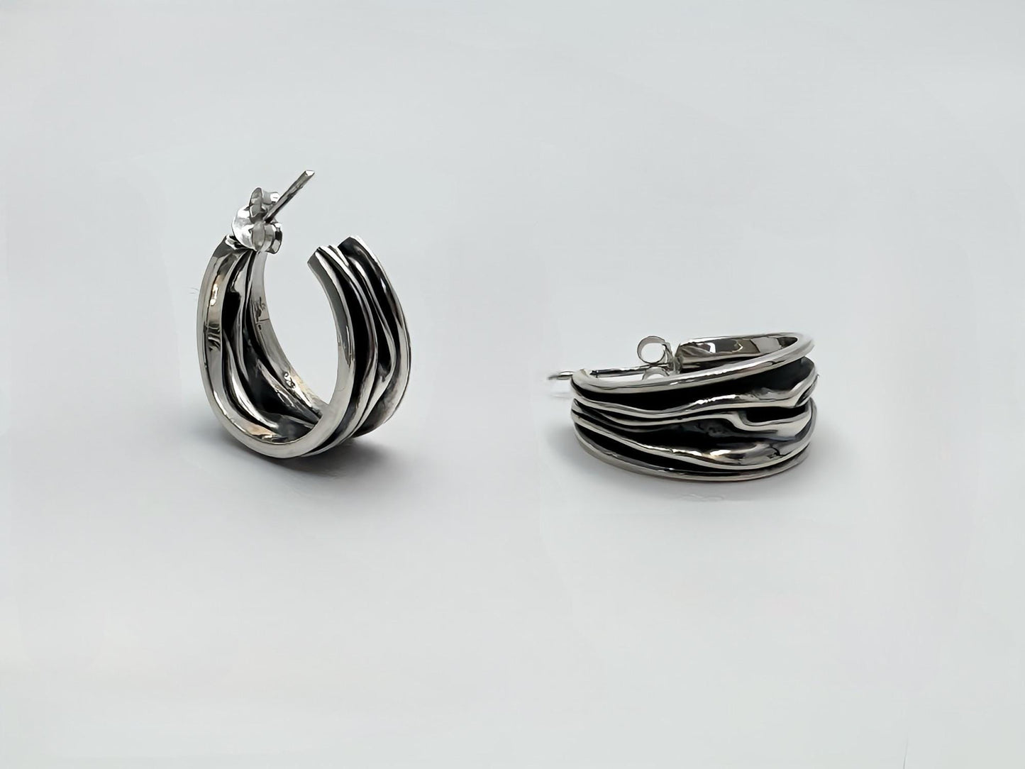 Handcrafted Oxidized Sterling Silver Hoop Earrings – Wavy Design