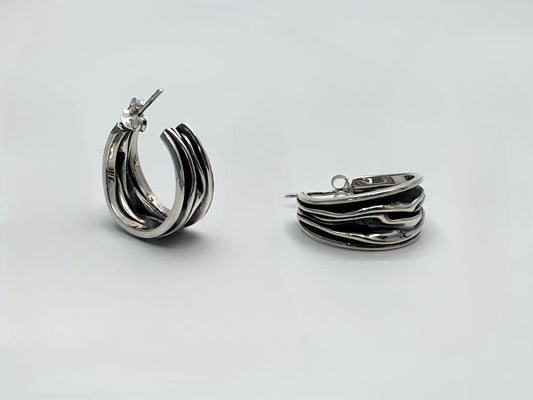 Handcrafted Oxidized Sterling Silver Hoop Earrings – Wavy Design