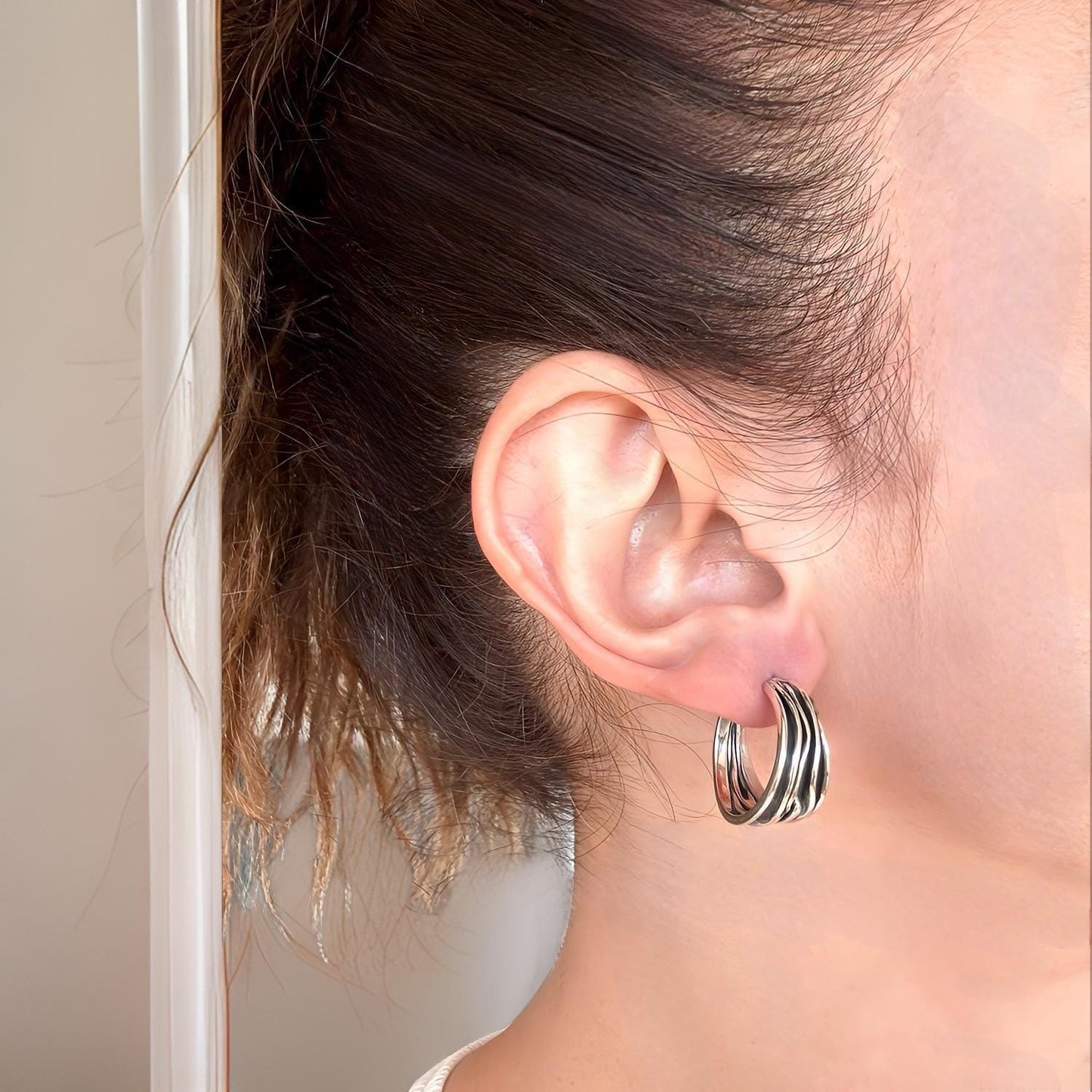 Handcrafted Oxidized Sterling Silver Hoop Earrings – Wavy Design