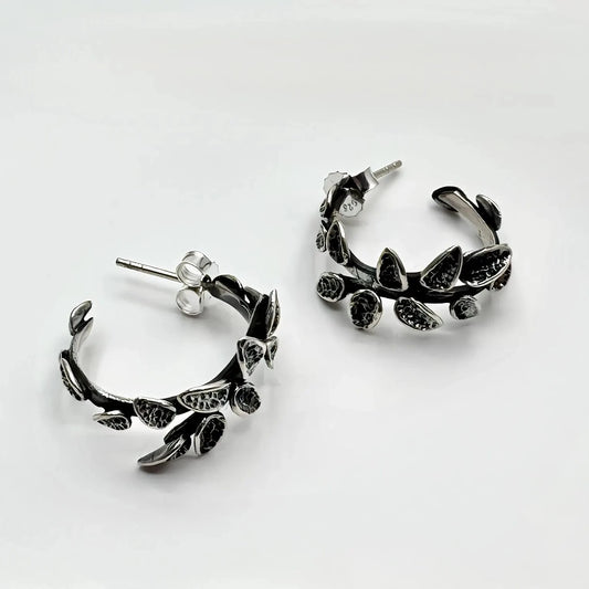 Handcrafted 925 Sterling Silver Leaf Hoop Earrings Oxidized Nature-Inspired Jewelry