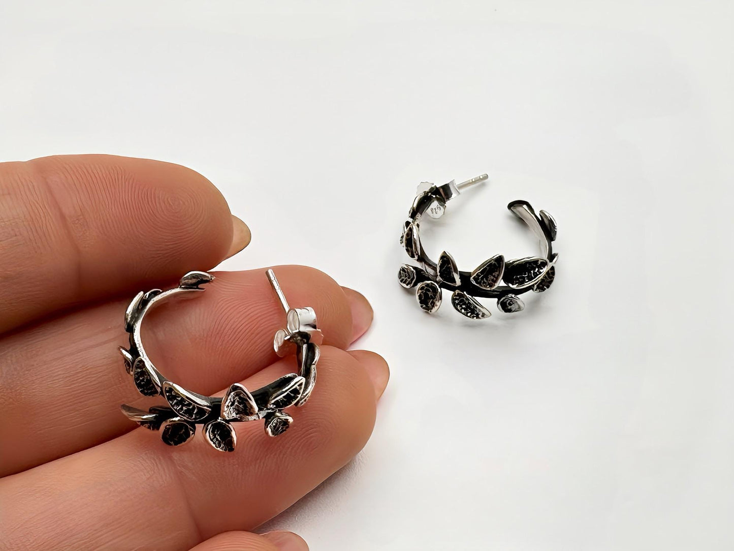 Handmade Oxidized Sterling Silver Leaf Hoop Earrings, Boho Jewelry