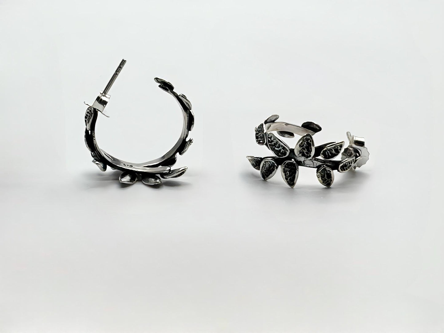 Handmade Oxidized Sterling Silver Leaf Hoop Earrings, Boho Jewelry