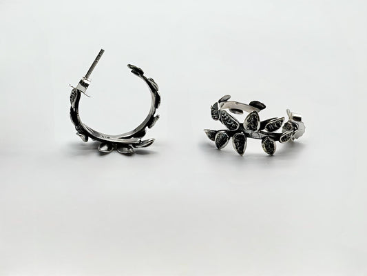 Handmade Oxidized Sterling Silver Leaf Hoop Earrings, Boho Jewelry