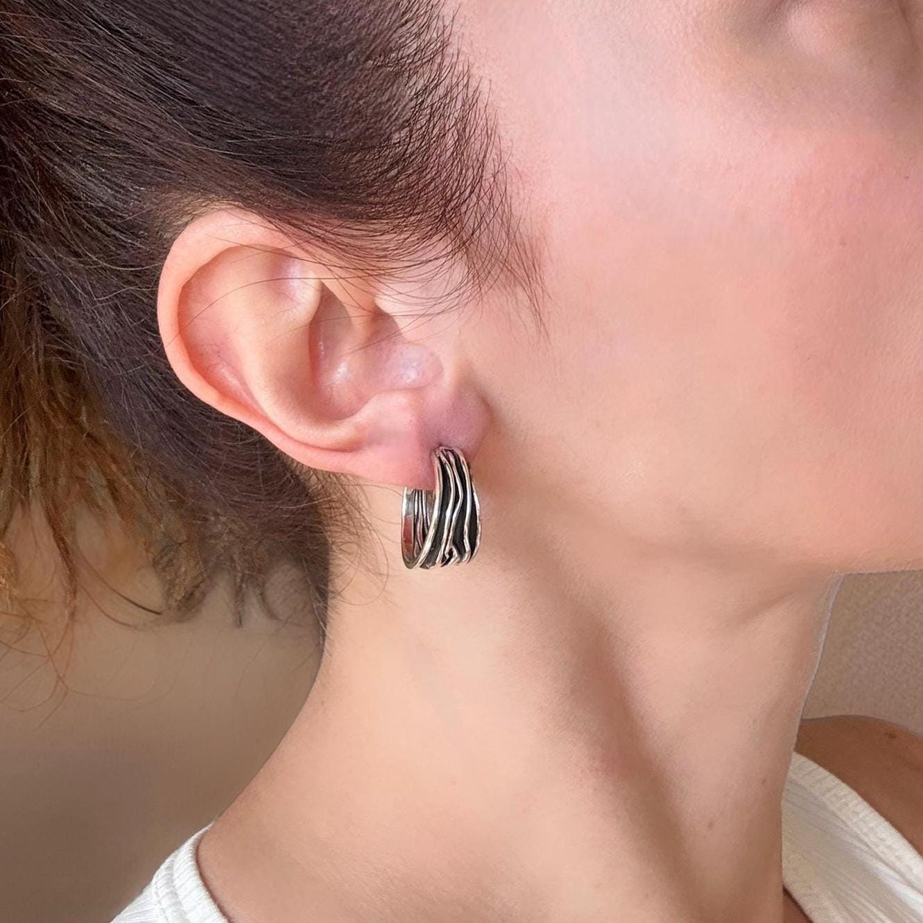 Handcrafted Oxidized Sterling Silver Hoop Earrings – Wavy Design