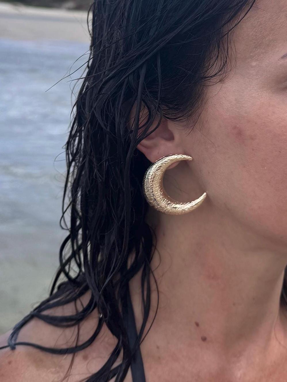 Golden Crescent Hoop Earrings, Stainless Steel Statement Dangles
