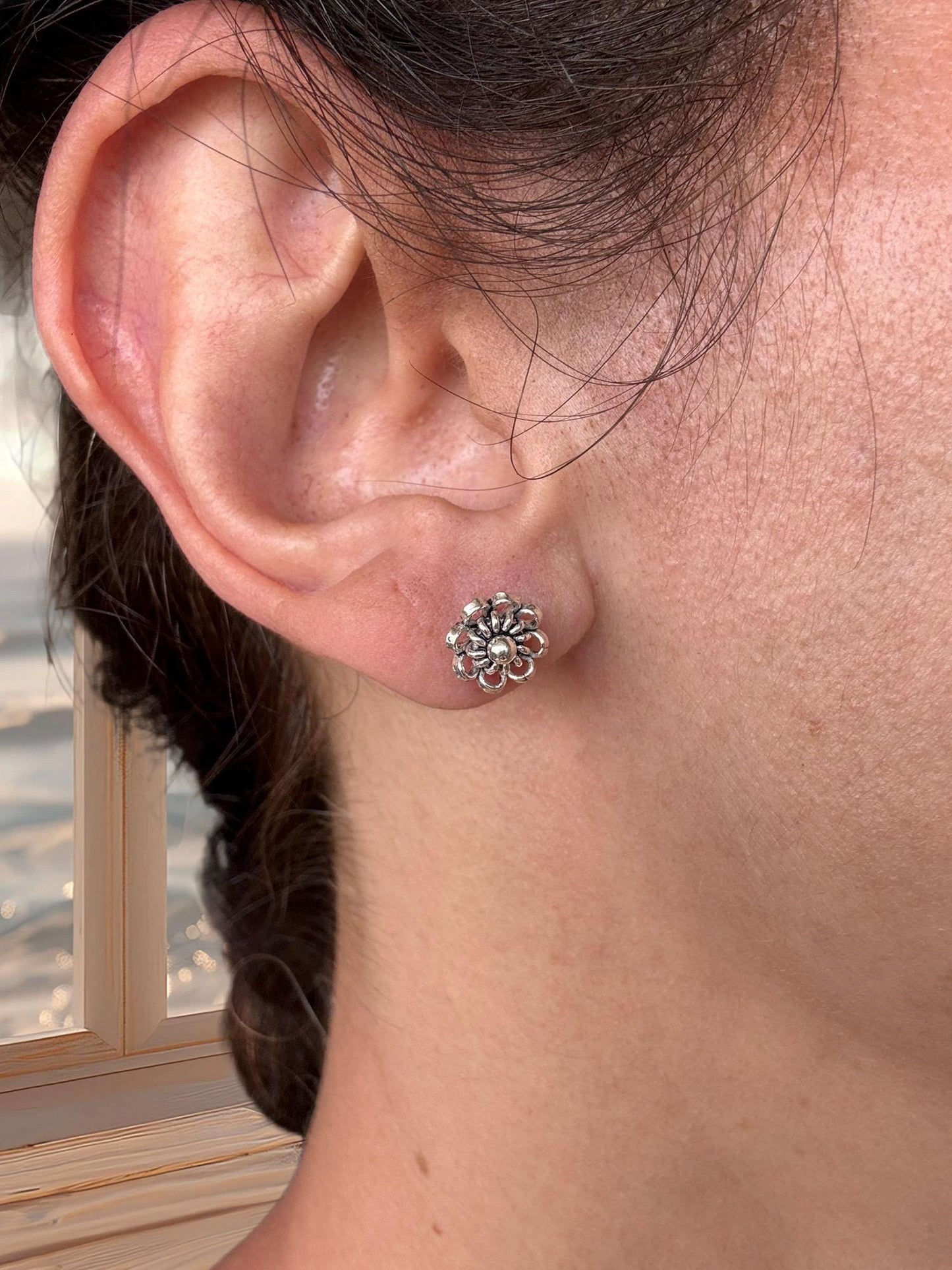 Sterling Silver Flower Stud Earrings, Boho Floral Jewelry
