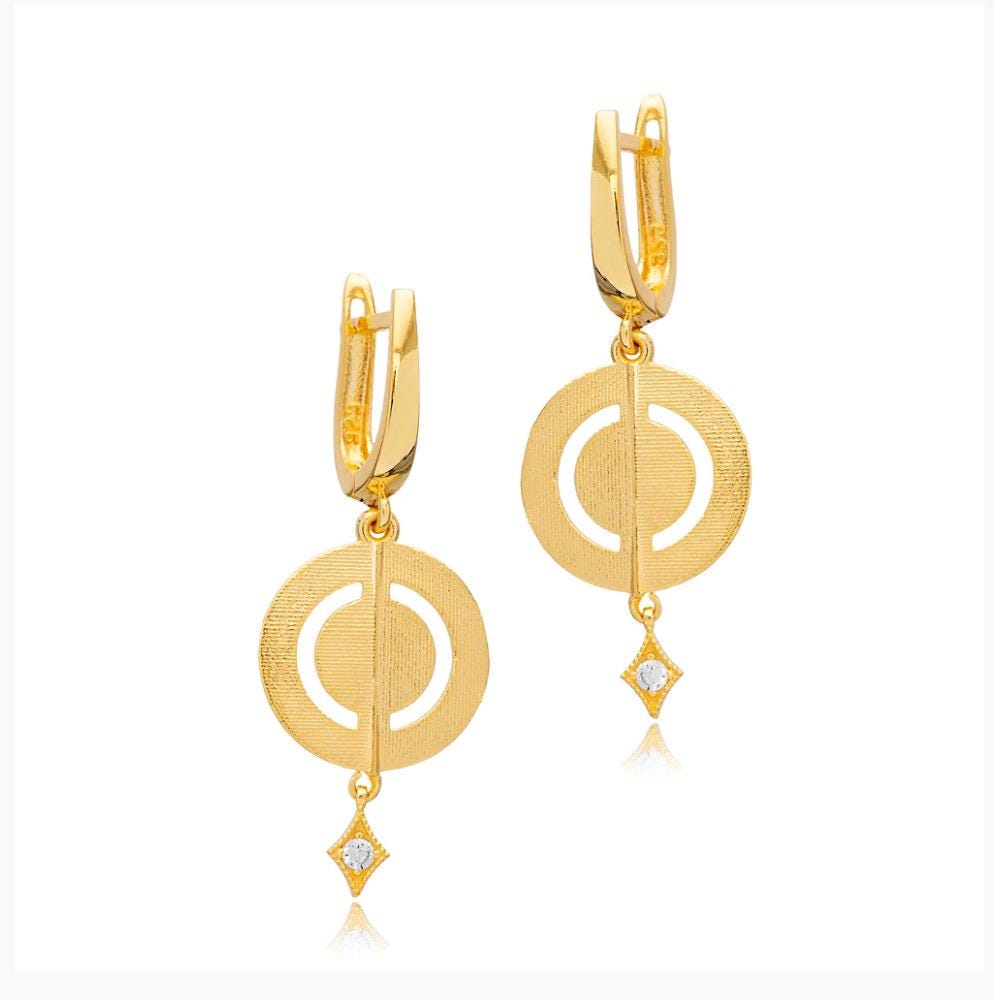 22k Gold Vermeil Round Dangle Earrings. Sterling Silver 925. Disc Latch Back Earrings. Lightweight.