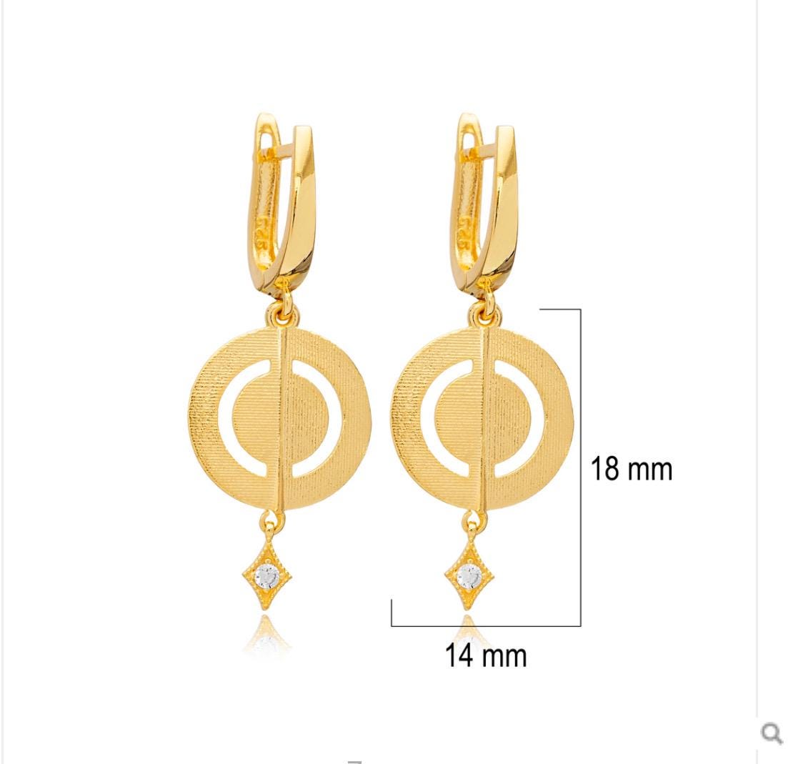 22k Gold Vermeil Round Dangle Earrings. Sterling Silver 925. Disc Latch Back Earrings. Lightweight.
