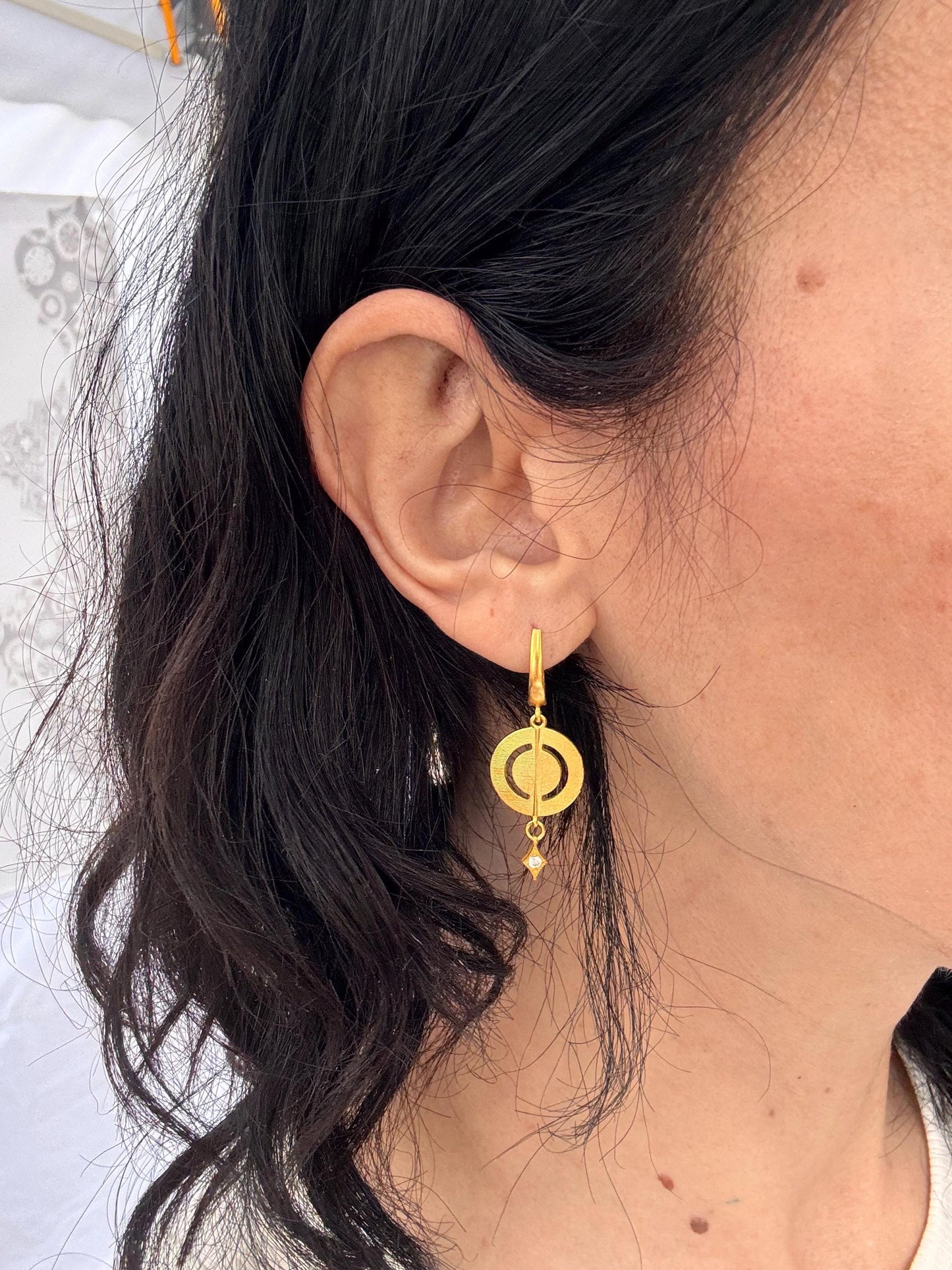 22k Gold Vermeil Round Dangle Earrings. Sterling Silver 925. Disc Latch Back Earrings. Lightweight.