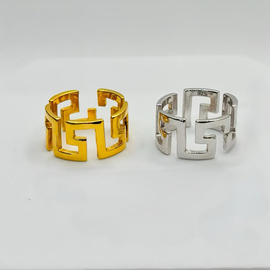 Gold Greek Key Ring 22K Vermeil 925 Sterling Silver Adjustable Band Ring