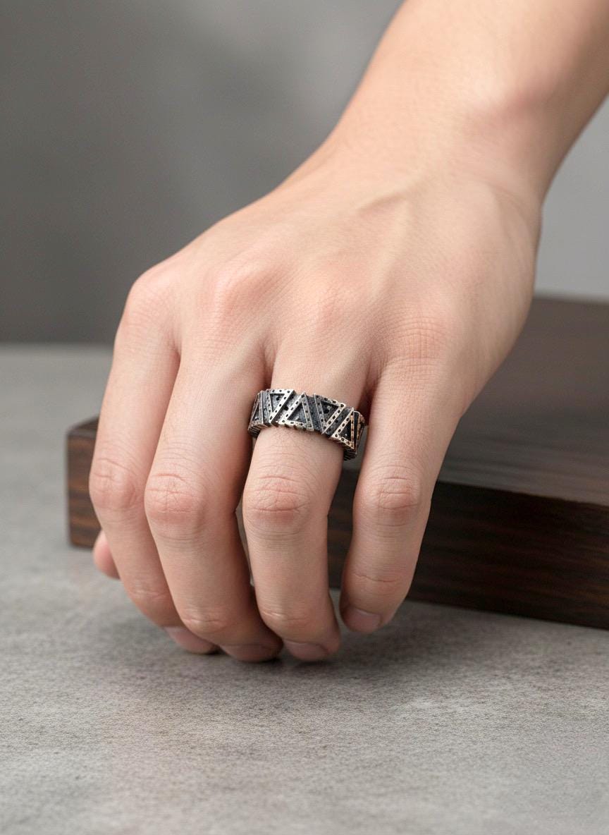 Handcrafted 925 Sterling Silver Pyramid Ring | Oxidized Adjustable Men’s Band | Artisan Geometric Design.