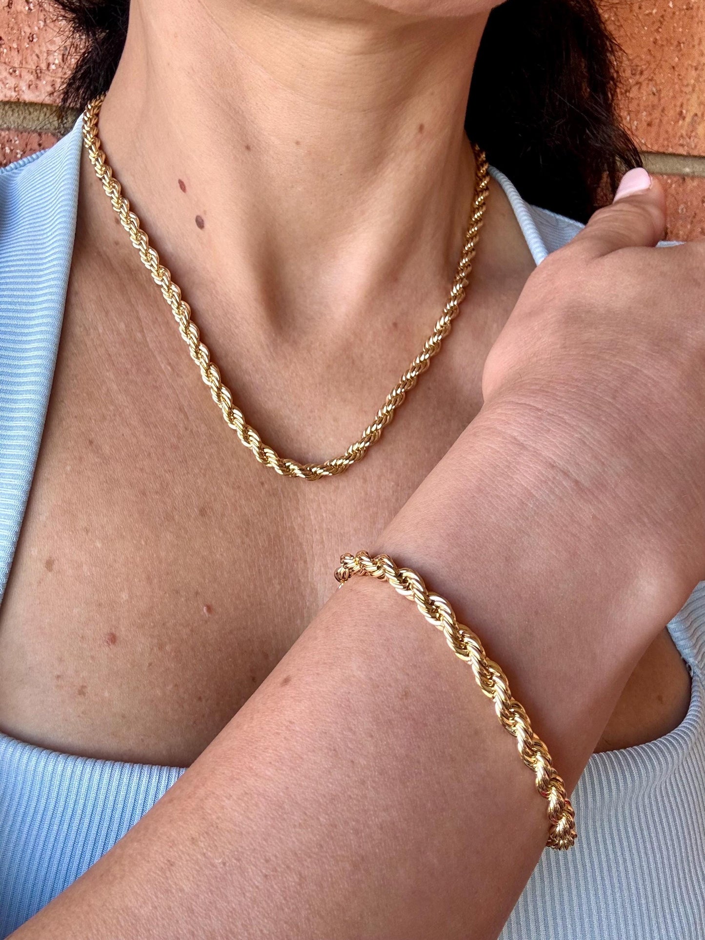 14K Gold Plated Rope Chain Necklace + Bracelet Set | Stainless Steel