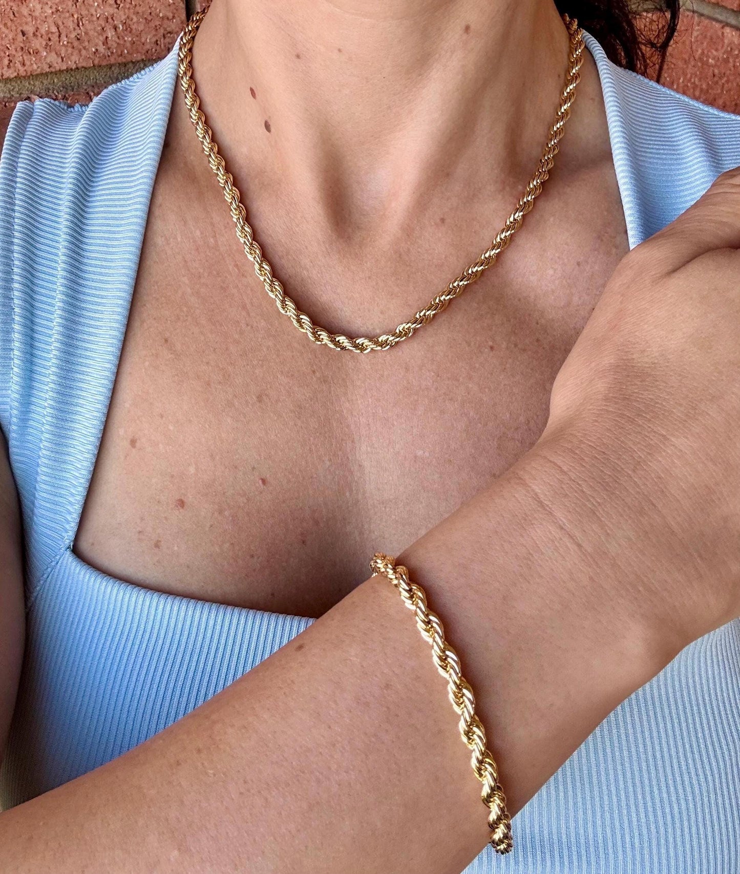 14K Gold Plated Rope Chain Necklace + Bracelet Set | Stainless Steel