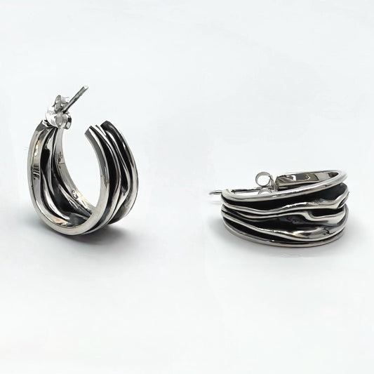 Handcrafted Oxidized Sterling Silver Hoop Earrings – Wavy Design